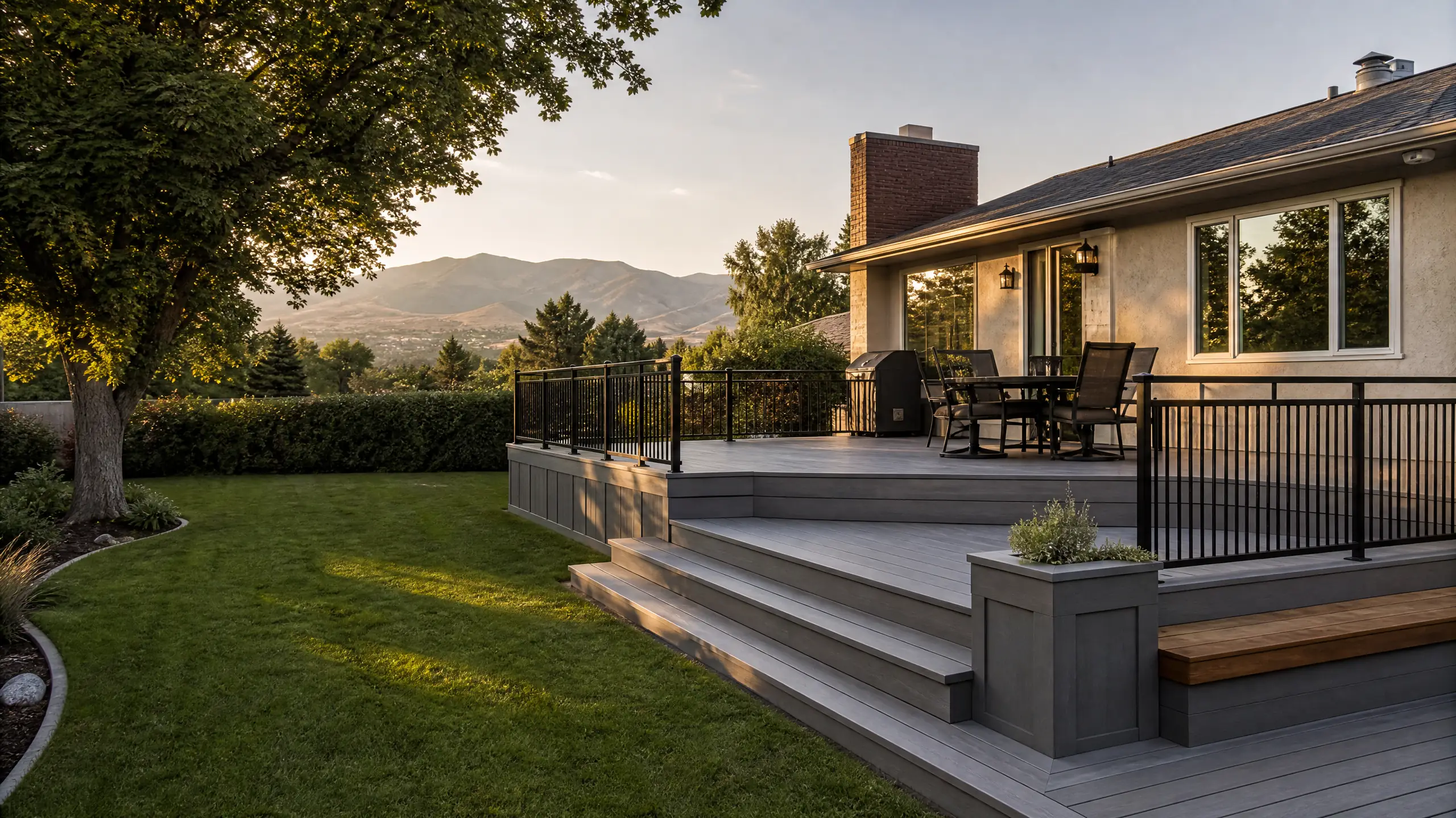 Gray composite deck in West Valley City with hidden fasteners, black aluminum railing and built-in bench