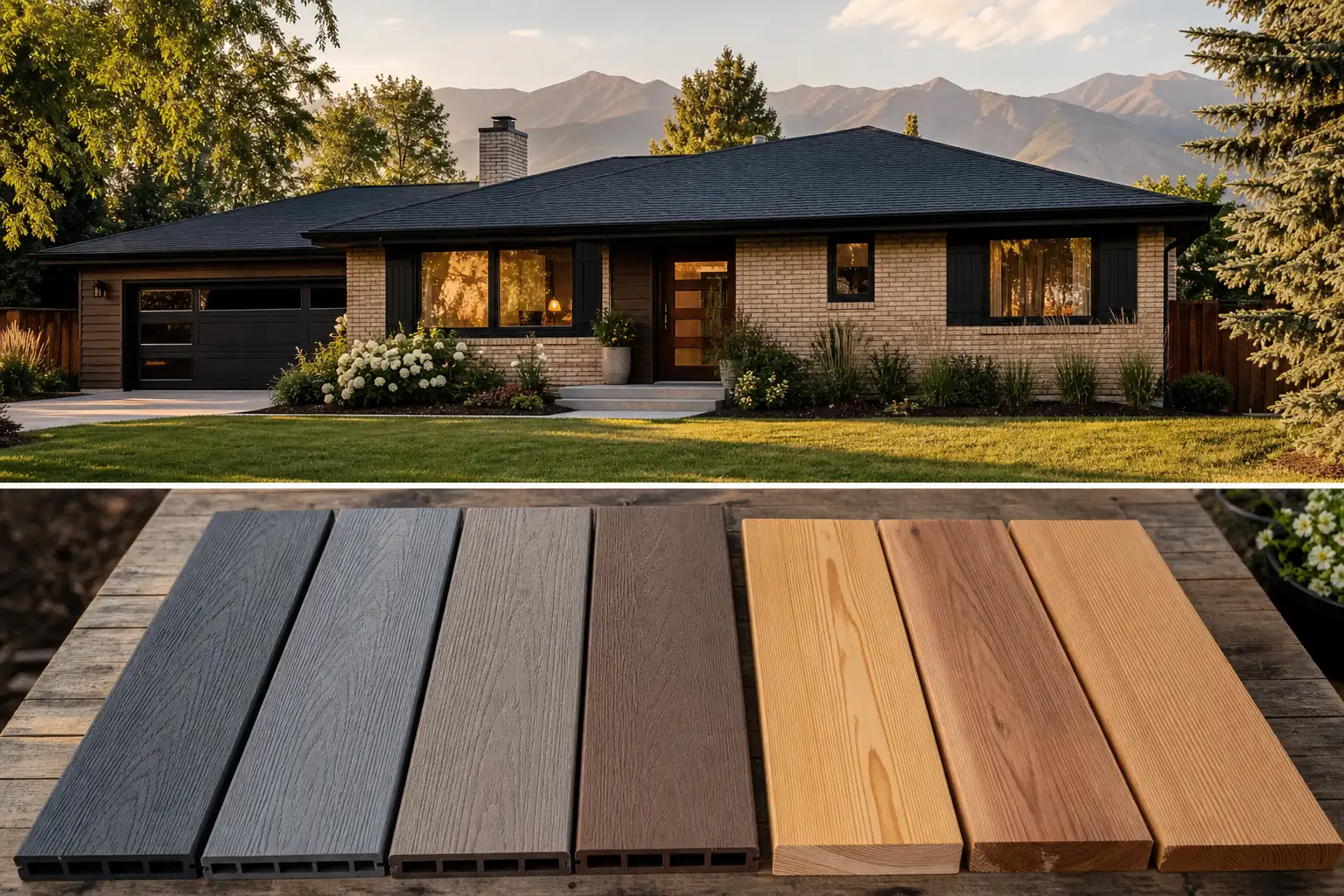 Composite deck boards for West Valley City decks shown in several colors next to natural cedar boards