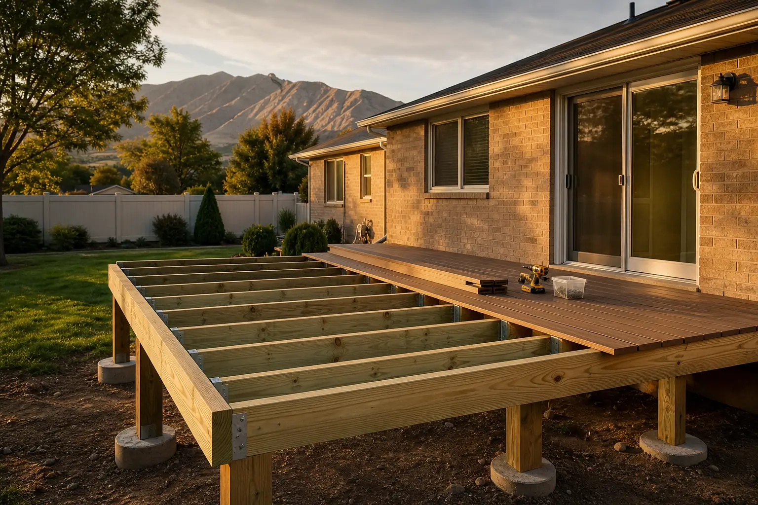 Deck builders framing a new deck in West Valley City: pressure-treated joists on concrete footings beside a rambler