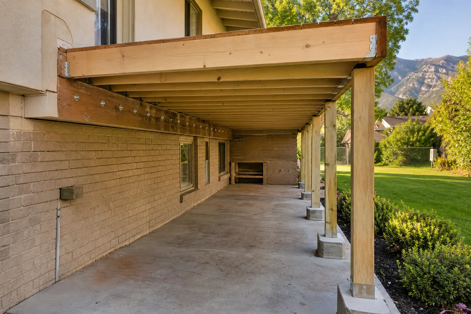 Deck repair in West Valley City showing new joists, a bolted ledger board and fresh footings under a deck