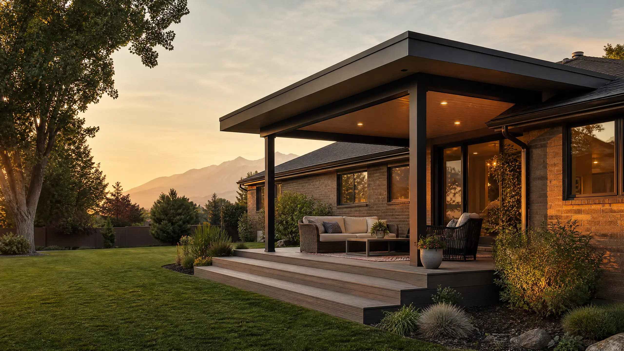 Patio covers in West Valley City: solid-roof cover with dark posts shading a deck and outdoor seating